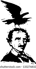 Black and white vector illustration of Edgar Allan Poe with raven