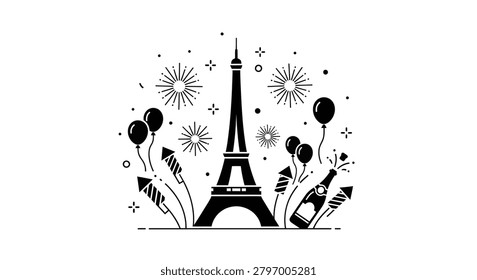 Black and white vector illustration of the Eiffel Tower surrounded by festive fireworks balloons and a champagne bottle celebrating a special event in Paris