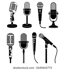 Black and White Vector Illustration of Eight Different Microphone Types Retro Vintage Modern Dynamic Condenser Handheld Stand Mounted Recording Studio Broadcasting Podcast Singing