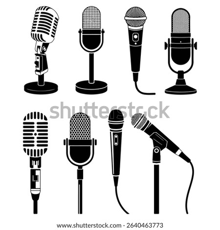 Black and White Vector Illustration of Eight Different Microphone Types Retro Vintage Modern Dynamic Condenser Handheld Stand Mounted Recording Studio Broadcasting Podcast Singing