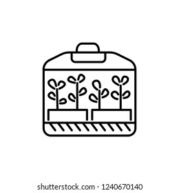 Black & white vector illustration of electric propagator with plants. Line icon of mini greenhouse. Gardening tool. Isolated object on white background