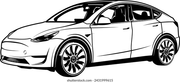 Ilustración vectorial en blanco y negro del coche eléctrico