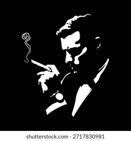 Ilustración vectorial en blanco y negro de un hombre elegante que lleva un traje que disfruta de un cigarro
