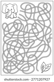 Black and white vector illustration of an elephant maze worksheet for kids. Cute animal labyrinth activity page designed for preschool, kindergarten and homeschooling. Educational printable worksheet that helps develop logical thinking, problem solving, concentration and fine motor skills. Suitable for classroom and home learning.