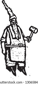 Black and white vector illustration of an elf working