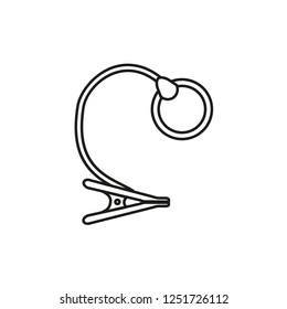 Black & white vector illustration of embroidery magnifying lamp with clamp. Line icon of needlework sewing reading optical glass magnifier lens. Isolated object on white background
