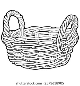 Black and white vector illustration of an empty woven wicker basket with two looped handles. Detailed outline drawing, ideal for coloring books, craft projects, or rustic-themed designs.