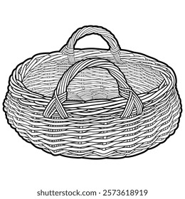 Black and white vector illustration of an empty woven wicker basket with two looped handles. Detailed outline drawing, ideal for coloring books, craft projects, or rustic-themed designs.