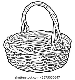 Black and white vector illustration of an empty woven wicker basket with handle. Detailed outline drawing, ideal for coloring books, craft projects, or rustic-themed designs.