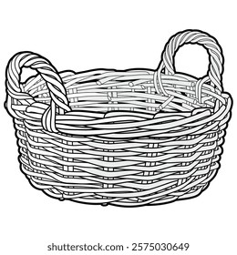 Black and white vector illustration of an empty woven wicker basket with two looped handles. Detailed outline drawing, ideal for coloring books, craft projects, or rustic-themed designs.