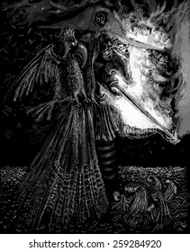 Black and white vector illustration. Engraving style. Pirate with a parrot on his shoulder