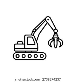 Black and white vector illustration of excavator with grapple attachment construction heavy machinery icon