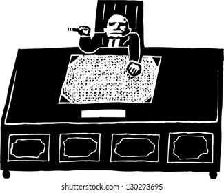 Black and white vector illustration of Executive man at desk