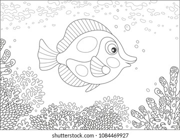 Black and white vector illustration of an exotic butterfly fish swimming over a corals on a reef in a tropical sea