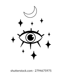 Black and white vector illustration of an eye with crescent moon and stars. Minimal mystical symbol design for tattoo, print, poster, sticker, or logo.