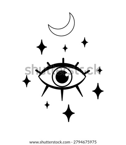 Black and white vector illustration of an eye with crescent moon and stars. Minimal mystical symbol design for tattoo, print, poster, sticker, or logo.