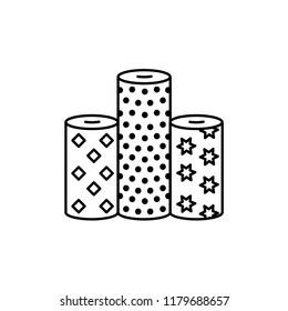 Black & white vector illustration of fabric assortments. Line icon of textile rolls with different patterns for quilting & patchwork. Sewing material. Isolated object on white background. 