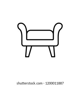 Black & white vector illustration of fabric ottoman, pouf. Line icon of accent stool or chair. Living room, bedroom & patio furniture. Isolated object on white background. 