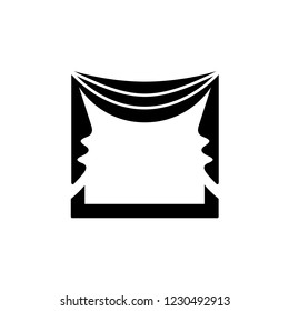 Black & white vector illustration of fabric curtain with drapery. Pelmet with central symmetric swag. Flat icon of window blind. Isolated object on white background