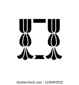 Black & white vector illustration of fabric window curtain with drapery. Flat icon of vintage blind. Isolated object on white background   