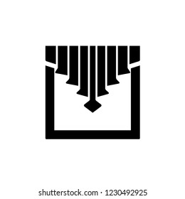 Black & white vector illustration of fabric curtain with central drapery. Blind with jabot cascade. Flat icon of window shade. Isolated object on white background