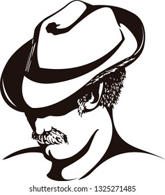 Black and white vector illustration of the face of a man with a mustache wearing a hat. Good for stencil.