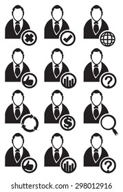 Black and white vector illustration of faceless businessman web icon with conceptual symbols in circles isolated on white background.