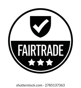Black and white vector illustration of a Fairtrade label icon featuring a shield with a