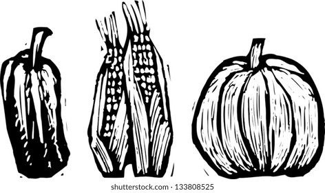 Black and white vector illustration of fall harvest vegetables
