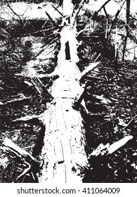 Black and white vector illustration of fallen tree. Grunge background