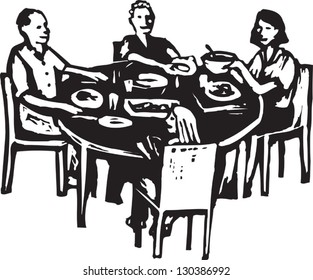 Black And White Vector Illustration Of Family Dinner