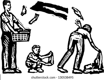 Black And White Vector Illustration Of Family Doing Laundry