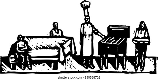 Black and white vector illustration of family at barbecue