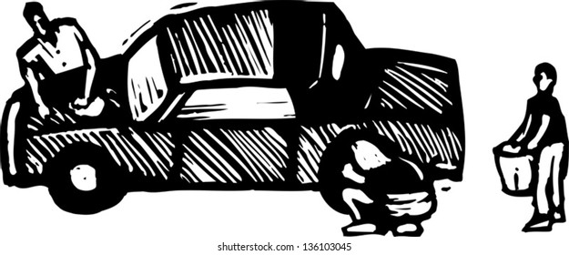 Black and white vector illustration of family washing car