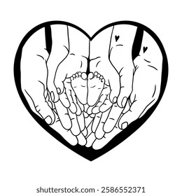 Black and white vector illustration of family hands gently holding tiny baby feet, symbolizing love, care, and protection. Perfect for tattoos, prints, parenting themes, and heartwarming, emotional 