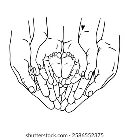 Black and white vector illustration of family hands gently holding tiny baby feet, symbolizing love, care, and protection. Perfect for tattoos, prints, parenting themes, and heartwarming, emotional 