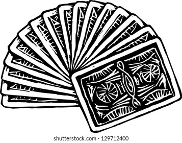 Black and white vector illustration of fanned deck of playing cards