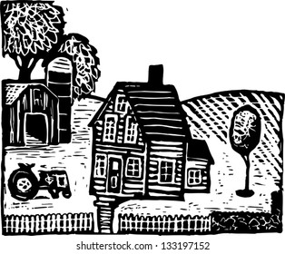 Black and white vector illustration of a farm