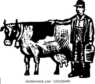 Black and white vector illustration of farmer with milking cow and milk bucket