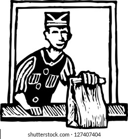 Black And White Vector Illustration Of Fast Food Worker