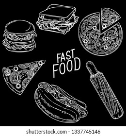 Black and white vector illustration of fast food.Burger, sandwich, pizza, hotdog, french hotdog.