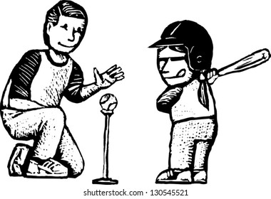 Black and white vector illustration of father and daughter playing baseball