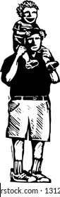 Black and white vector illustration of father with son on his shoulders