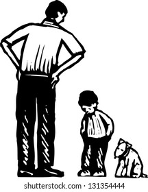 Black and white vector illustration of father scolding son