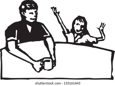 Black and white vector illustration of father listening to his daughter talking