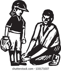 Black And White Vector Illustration Of Father Or Coach Tying Child's Shoe Before Baseball Game