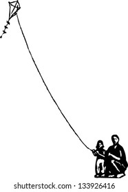 Black and white vector illustration of father and daughter flying kite