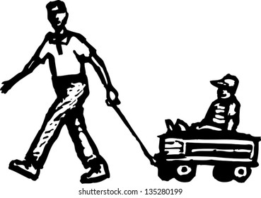 Black and white vector illustration of a father playing with his son