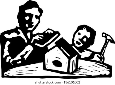 Black and white vector illustration of father playing with his son