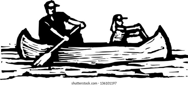 Black and white vector illustration of father with son in a boat